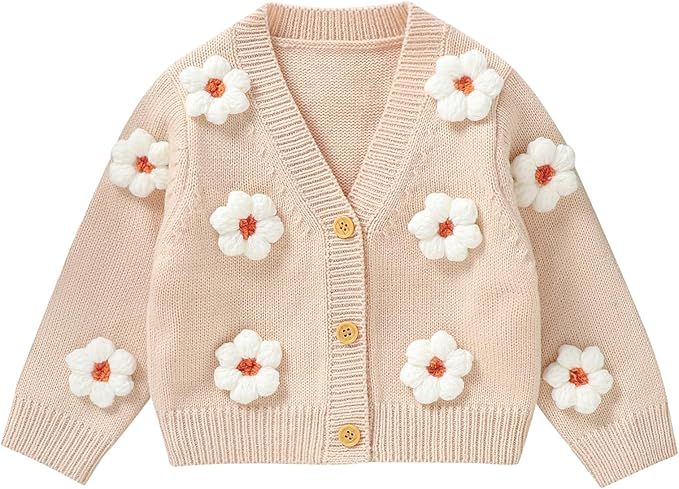 Honganda Cute Infant Baby Girl 3D Floral Cardigan Long Sleeve Button Up V-Neck Knitted Sweater Wa... | Amazon (US)