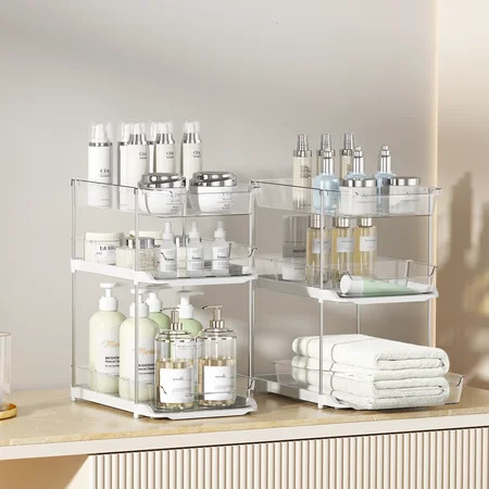 DELAMU Under Sink Organizer 2 Sets of 3-Tier Clear Under Sink Organizer Storage Vanity Makeup Baskets MultiUse Slide-Out Bathroom Storage Organization for Cabinet Counter Pantry Medicine Bins | Walmart (US)