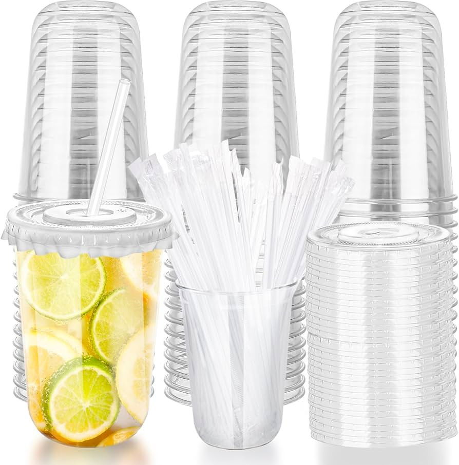 16oz Disposable Stemless Glasses with Flat Lids and Straws,PET Disposable Drinking Cups,Clear Pla... | Amazon (US)