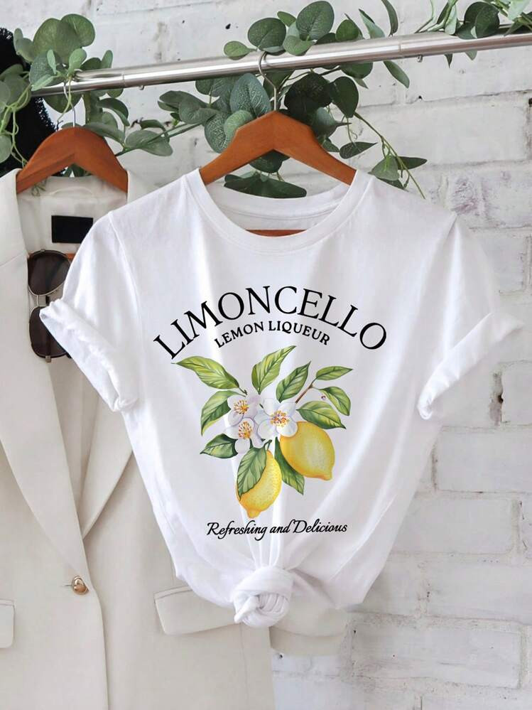 INAWLY Women's Summer Letter Fruit Printed Round Neck Short Sleeve Casual T-Shirt LIMONCELLO LEMO... | SHEIN