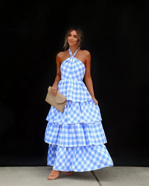 Dorotea Gingham Tiered Halter Maxi Dress - Blue/White - LAST CHANCE | VICI