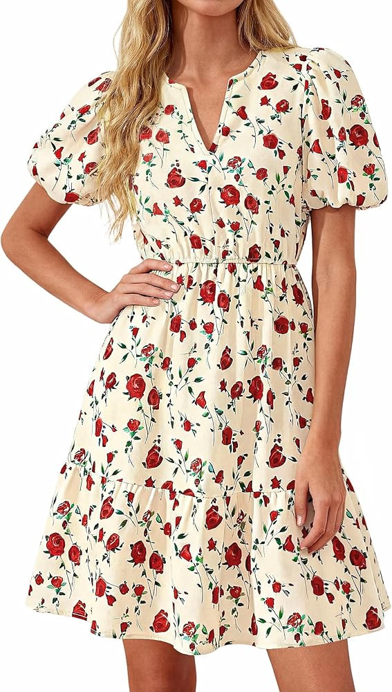 dowerme Women Summer Casual Dresses 2026 Puff Short Sleeve V Neck Floral Boho Midi Dress Flowy Ru... | Amazon (US)
