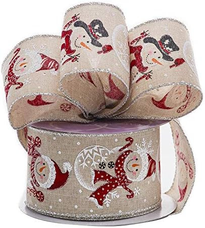 Christmas Snowman Wired Edge Ribbon - 2 1/2" x 10 Yards, Red White Snowmen, Faux Natural Burlap, ... | Amazon (US)