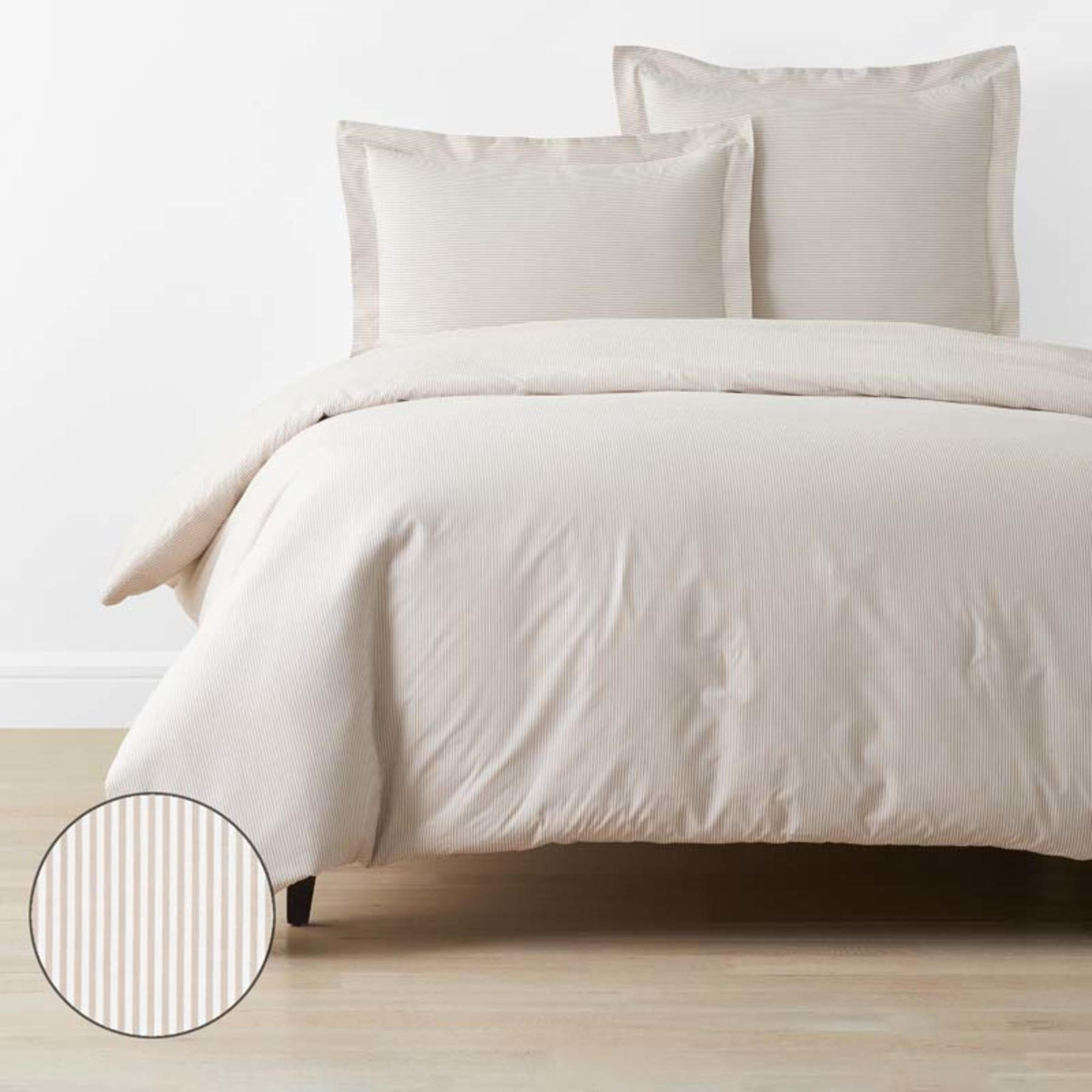 Mini-Check, Windowpane & Stripe Classic Cool Yarn-Dyed Cotton Percale Duvet Cover - Stripe Tan, Q... | The Company Store