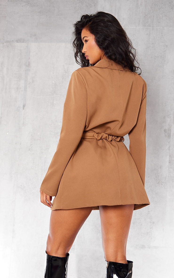 Taupe Woven Ruched Belt Blazer Dress | PrettyLittleThing US