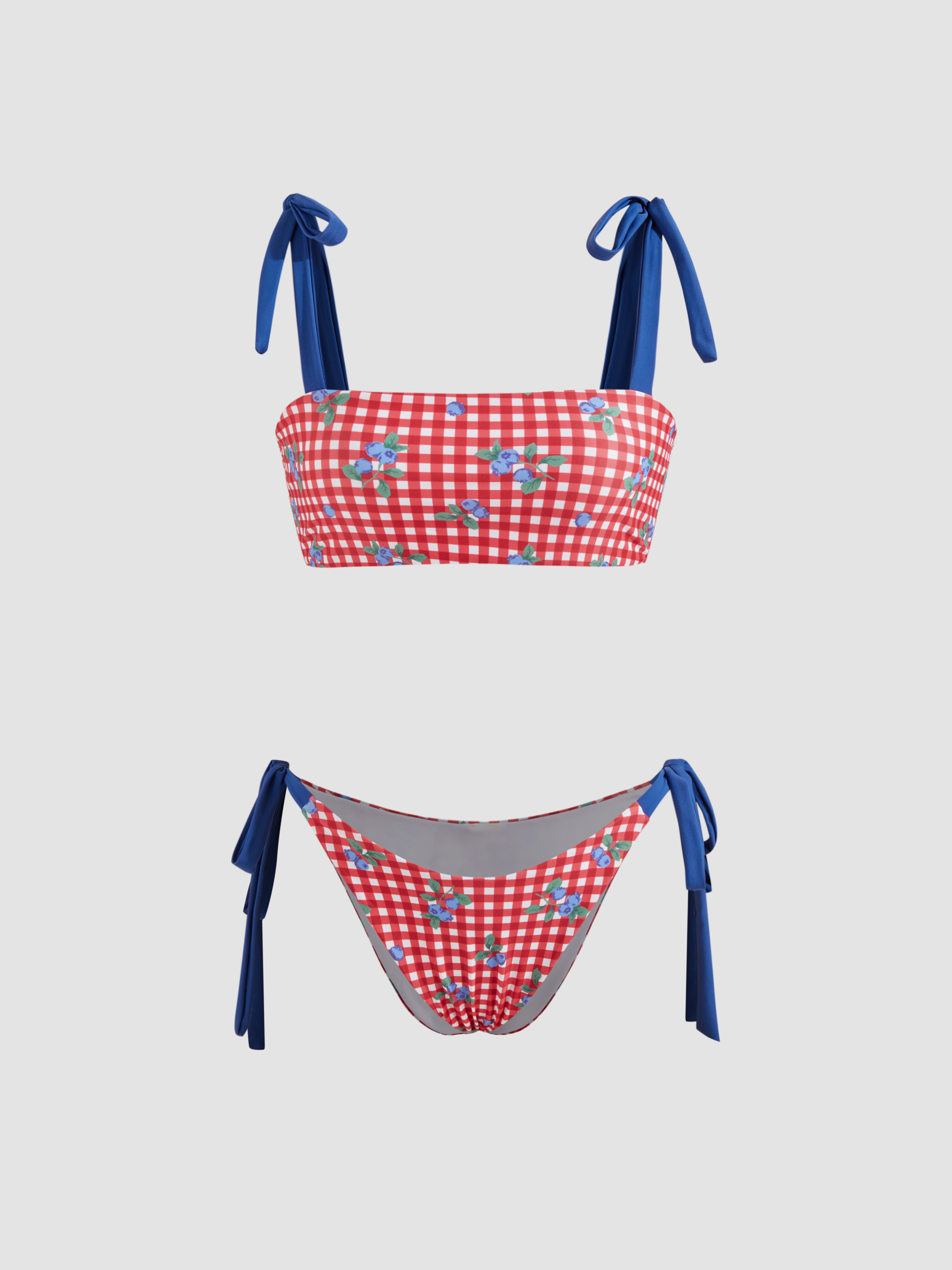 Square Neck Check Cherry Graphic Knotted Bracelet Tie Side Bikini Swimsuit | Cider