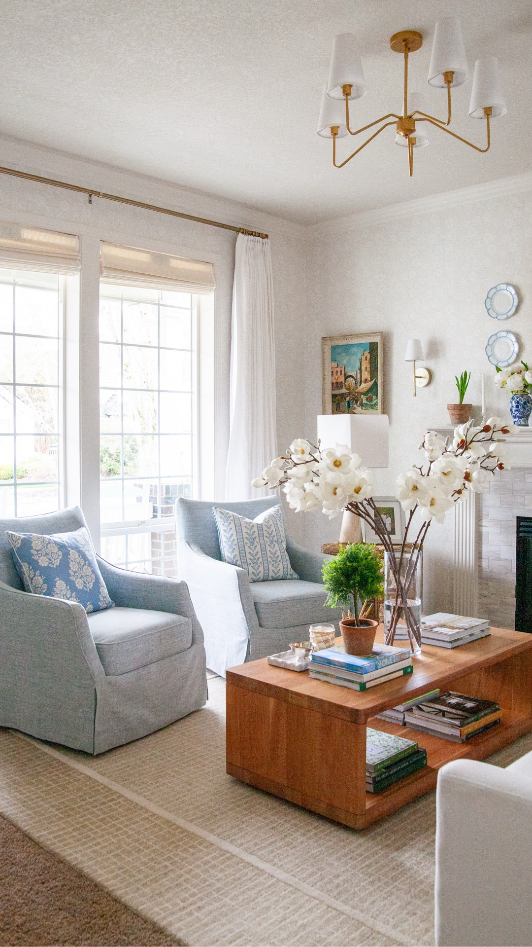 My friend and I totally transformed her living room with so many amazing changes, but one that we debated about forever was the chairs. She tried just one, but decided we really needed a pair, but that’s expensive (and/or only available in beige)… We found this beautiful light blue woven texture armchair that’s an amazing price. It swivels, rocks, and looks so elegant! 

Full disclosure, the seat cushion is not as soft and comfy as a down wrapped one would be, but again… The price is right. Plus, her kids love swiveling in these! 

Linking everything in LTK and in my blog post about this room transformation! ￼

#LTKHome