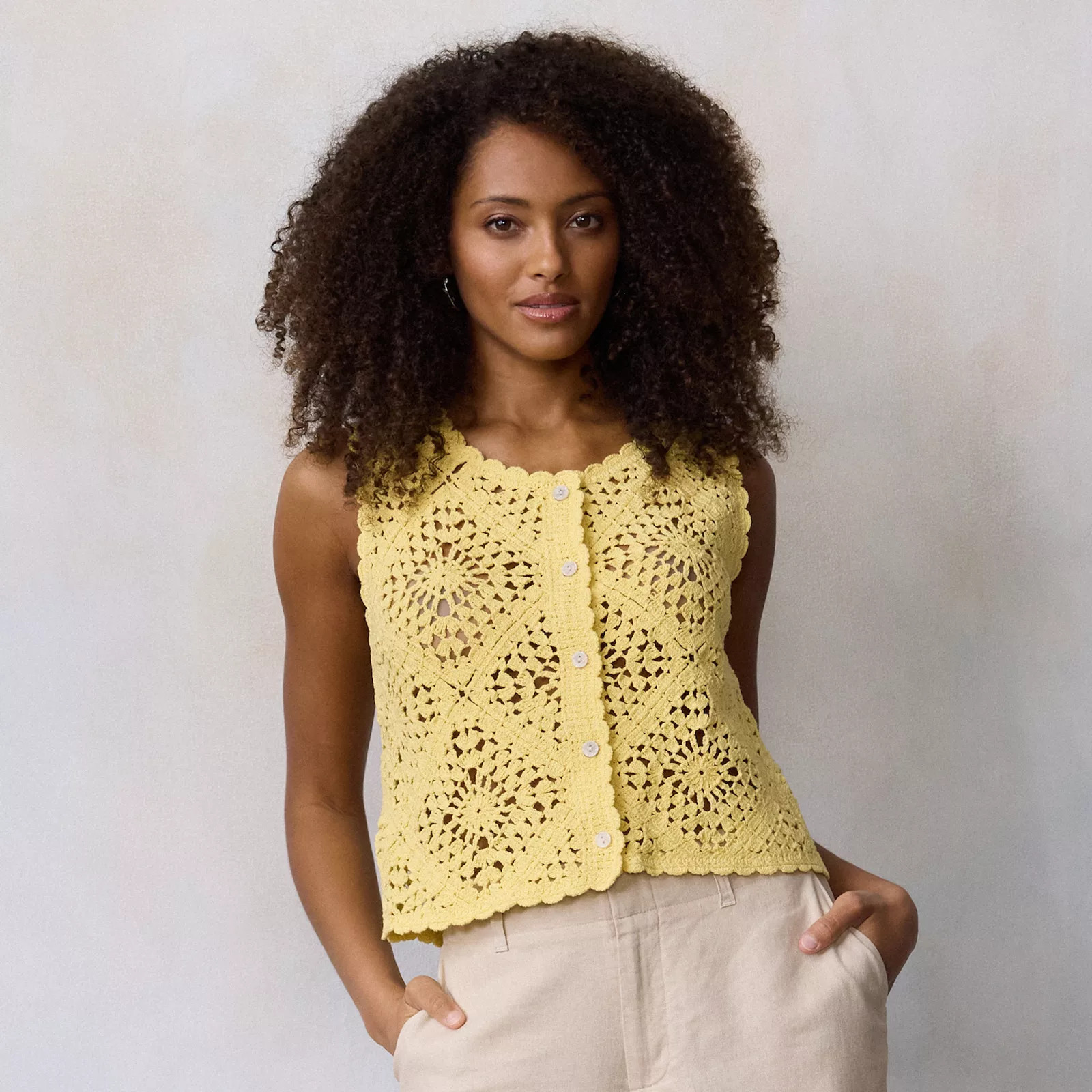 Women's LC Lauren Conrad Crochet Button-Front Vest, Size: Large, Mellow Yellow | Kohl's