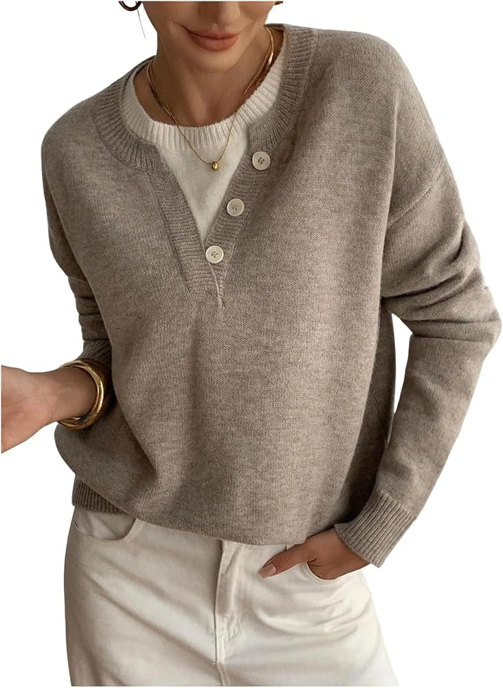 SOLY HUX Pullover Henley Sweaters for Women Long Sleeve Business Casual Top | Amazon (US)