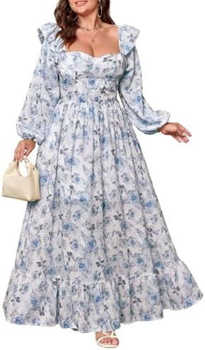Women's Floral Puff Long Sleeve Maxi Dress Sexy Sweetheart Corset Boho Chiffon Flowy Smocked Long... | Amazon (US)