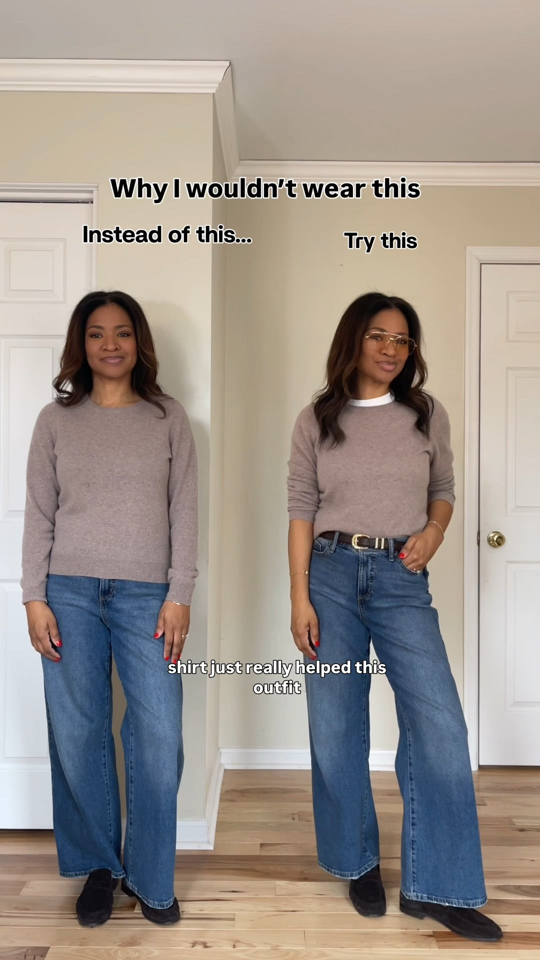I’m wearing a small in the sweater but I will leave a link to similar ones. I’m wearing a small and a white T-shirt. My brown belt is from Amazon. I have that leaked. I’m linking my brown suede loafers from Tuckernuck, but I will also leave a link to similar ones. My jeans are a size 4 and they are from Walmart. I think they might be sold out so I have to leave a link for similar items so sorry about that. ￼

 #ltkover40 #ltkgrwm #ltkootd