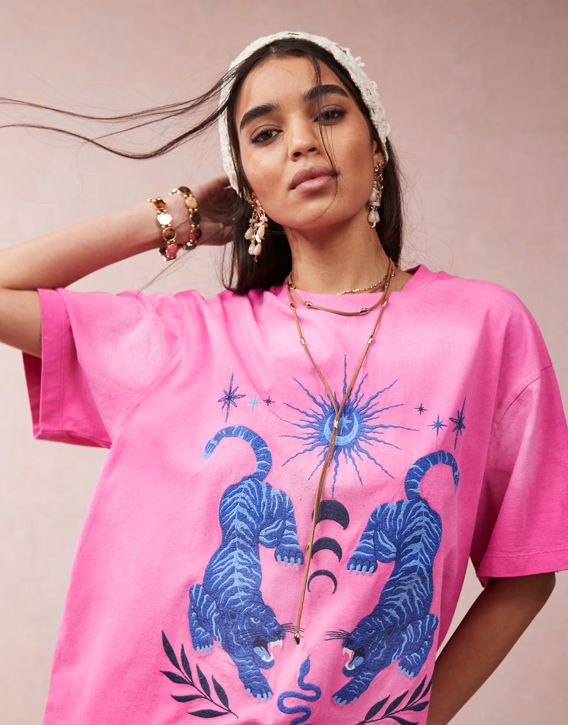 ASOS DESIGN oversized T-shirt with embroidered celestial graphic in pink | ASOS | ASOS (Global)