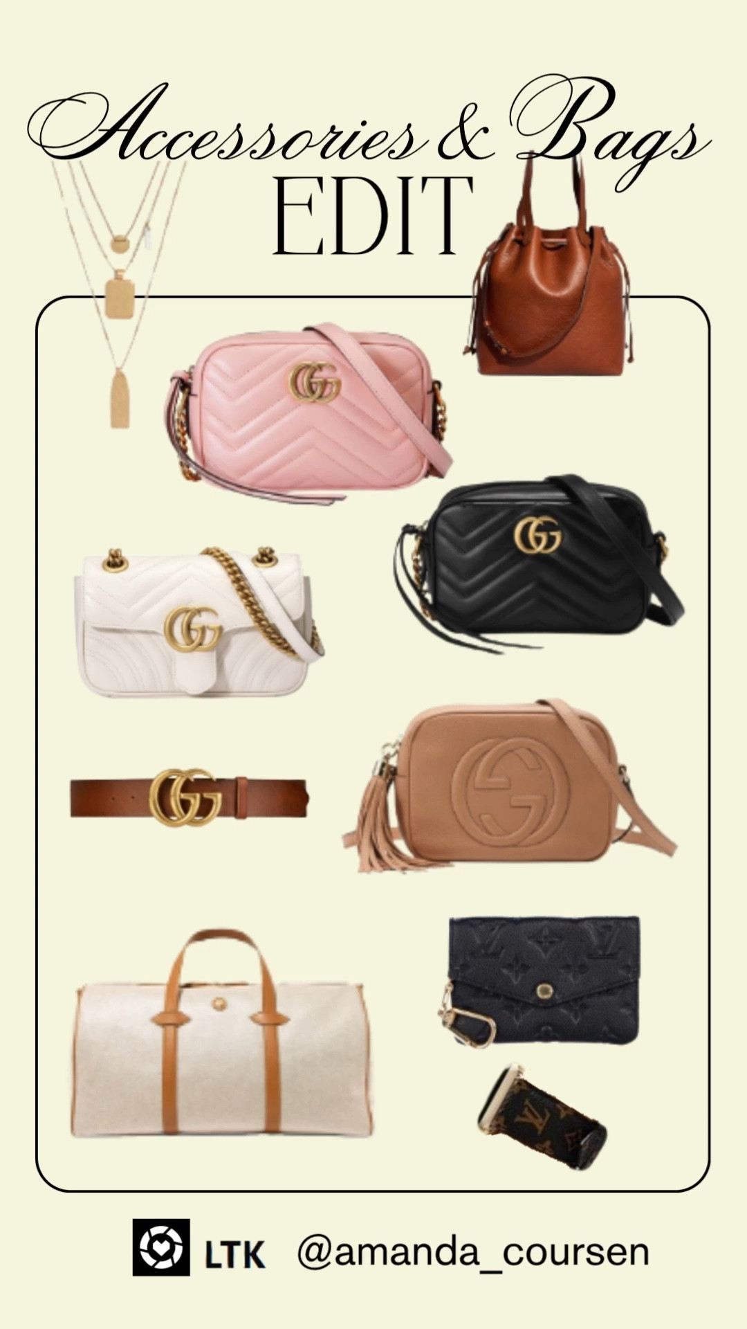 Accessories & bags are where an outfit really comes together. I’m sharing my current favorites—timeless designer pieces that work year-round and elevate even the simplest look. From classic Gucci bags and belts to a chic LV Apple Watch band and everyday neutrals you’ll reach for constantly.

Linked:
• Pink Gucci Purse
Brown Gucci Purse
White Gucci Purse
Black Gucci Pursee
• Louis Vuitton Apple Watch band + black purse
• Brown Gucci belt
• White duffel with tan leather straps
• Brown leather drawstring bag
• Gold layered necklace

Perfect for everyday wear, travel days, errands, or dressing up a basic outfit.

⸻
#designerbags #luxuryaccessories #guccibag #louisvuitton #everydaybag #neutralbags #wardrobebasics #classicstyle #capsulewardrobe #designeraccessories #ltkstyle #ltkfashion #ltkfavorites #womensfashion #timelessstyle