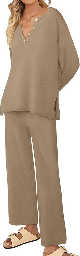 XIEERDUO Womens 2 Piece Lounge set Long Sleeve Button Knit Matching Sweatsuit Set | Amazon (US)