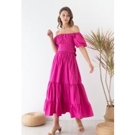 Off-Shoulder Bowknot Crop Top and Flare Skirt Set in Magenta | Chicwish