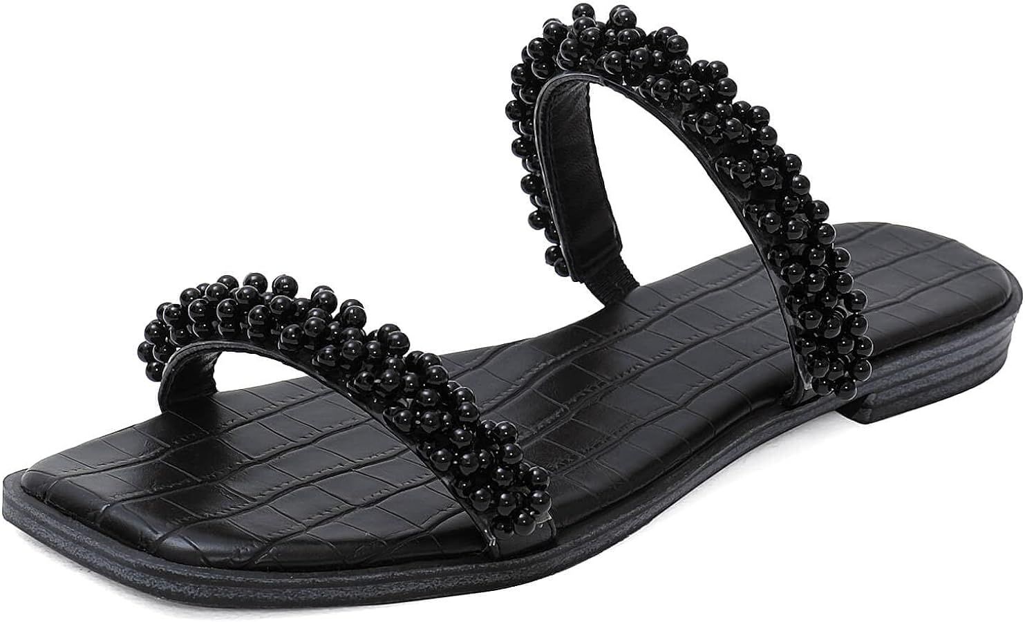LACUONE Pearl Strap Flat Sandals For Women Slip On Square Open Toe Slides Sandals | Amazon (US)