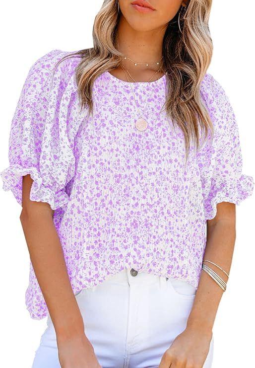 Dokotoo Floral Print Blouses for Women Crewneck Smocked Puff Sleeve Shirts Casual Babydoll Tops | Amazon (US)