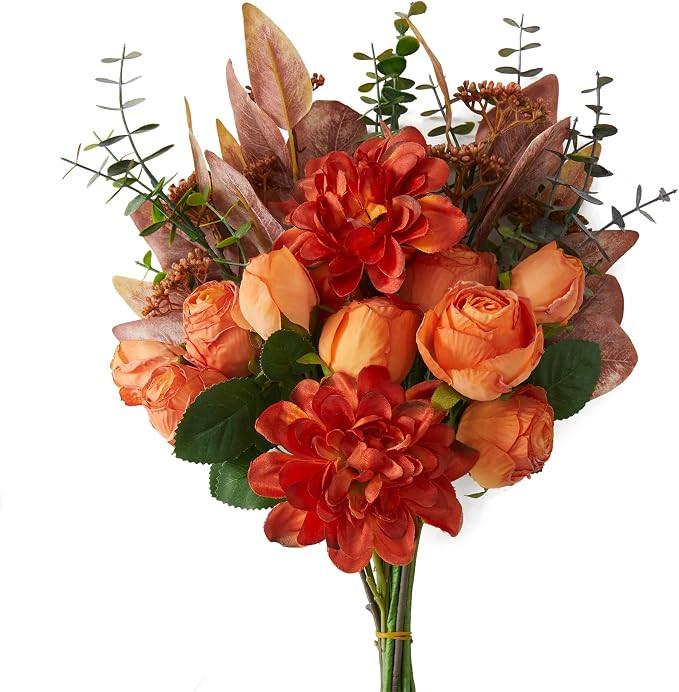 PARTY JOY Artificial Fall Flowers Bouquet with Rose Wedding Bouquets Autumn Decor Table Centerpie... | Amazon (US)