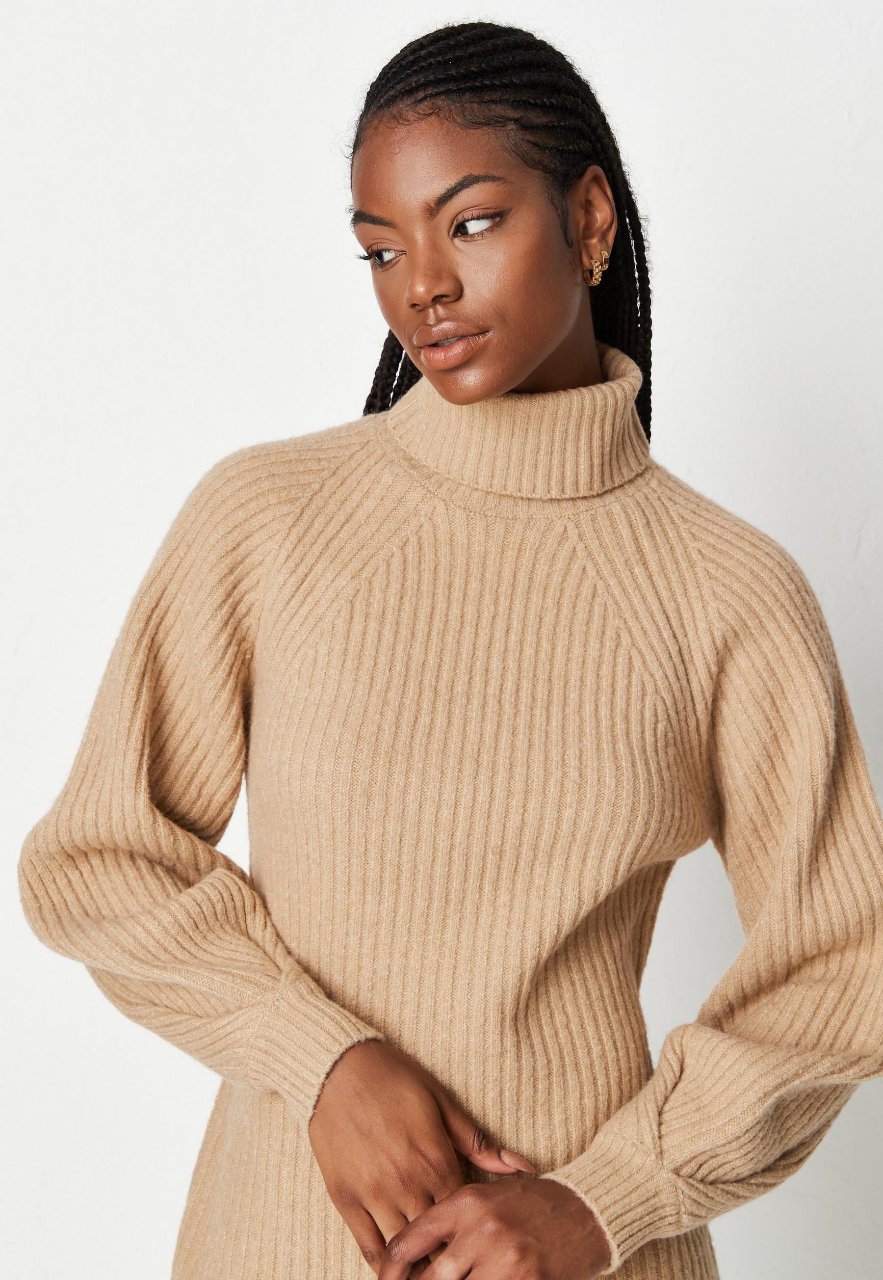 Missguided - Recycled Stone Tuck Sleeve Roll Neck Knit Dress | Missguided (US & CA)