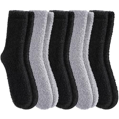 FANZERO Fuzzy Socks for Women Cozy Fluffy Slipper Socks Soft Warm Winter Fleece Plush Sleeping Gift Socks 3 Black 2 Grey | Amazon (US)