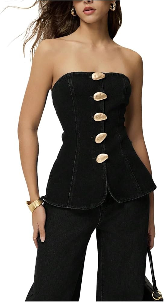 Floerns Women's Strapless Metal Button Front Tube Top | Amazon (US)
