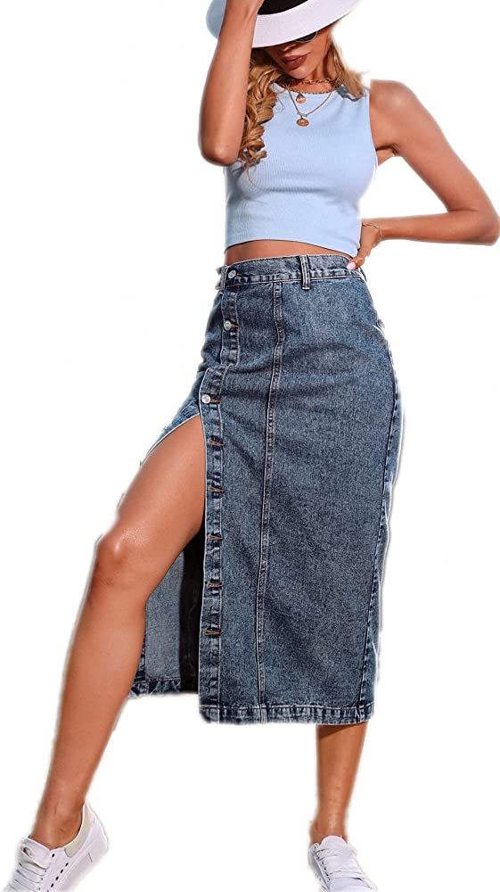 ELSTAROA Women's Casual High Waisted Solid Button Up Denim Jean Skirt | Amazon (US)