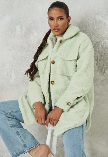 Green Long Teddy Borg Shacket | Missguided (US & CA)