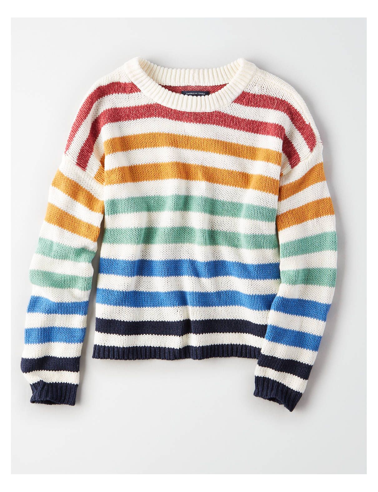 AE Striped Crew Pullover Sweater, Cream | American Eagle Outfitters (US & CA)