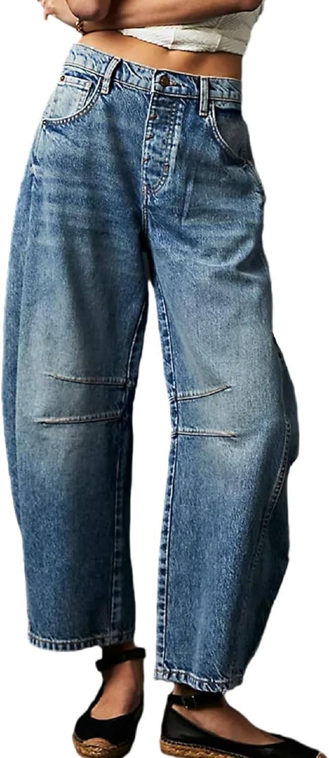 KMBANGI Womens Baggy Mid Rise Jeans Wide Leg Loose Boyfriend Denim Harem Cropped Pants Vintage Ba... | Amazon (US)