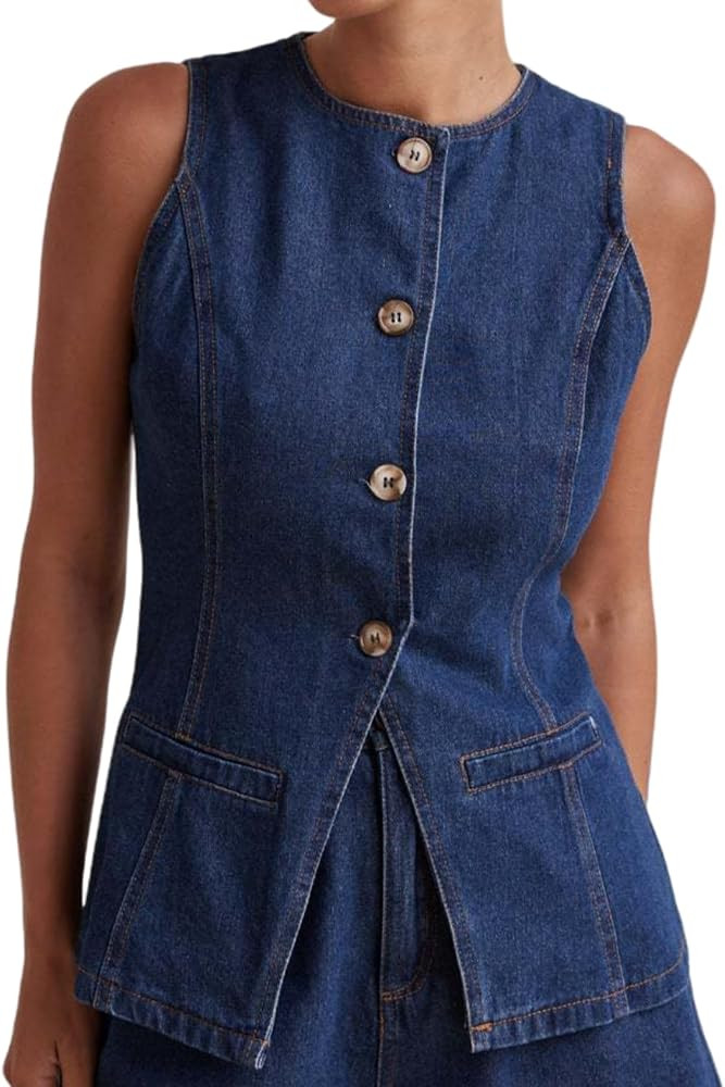 Perbai Women's Crewneck Button Down Denim Vest Tank Top Slim Jean Waistcoat Jacket with Pockets | Amazon (US)