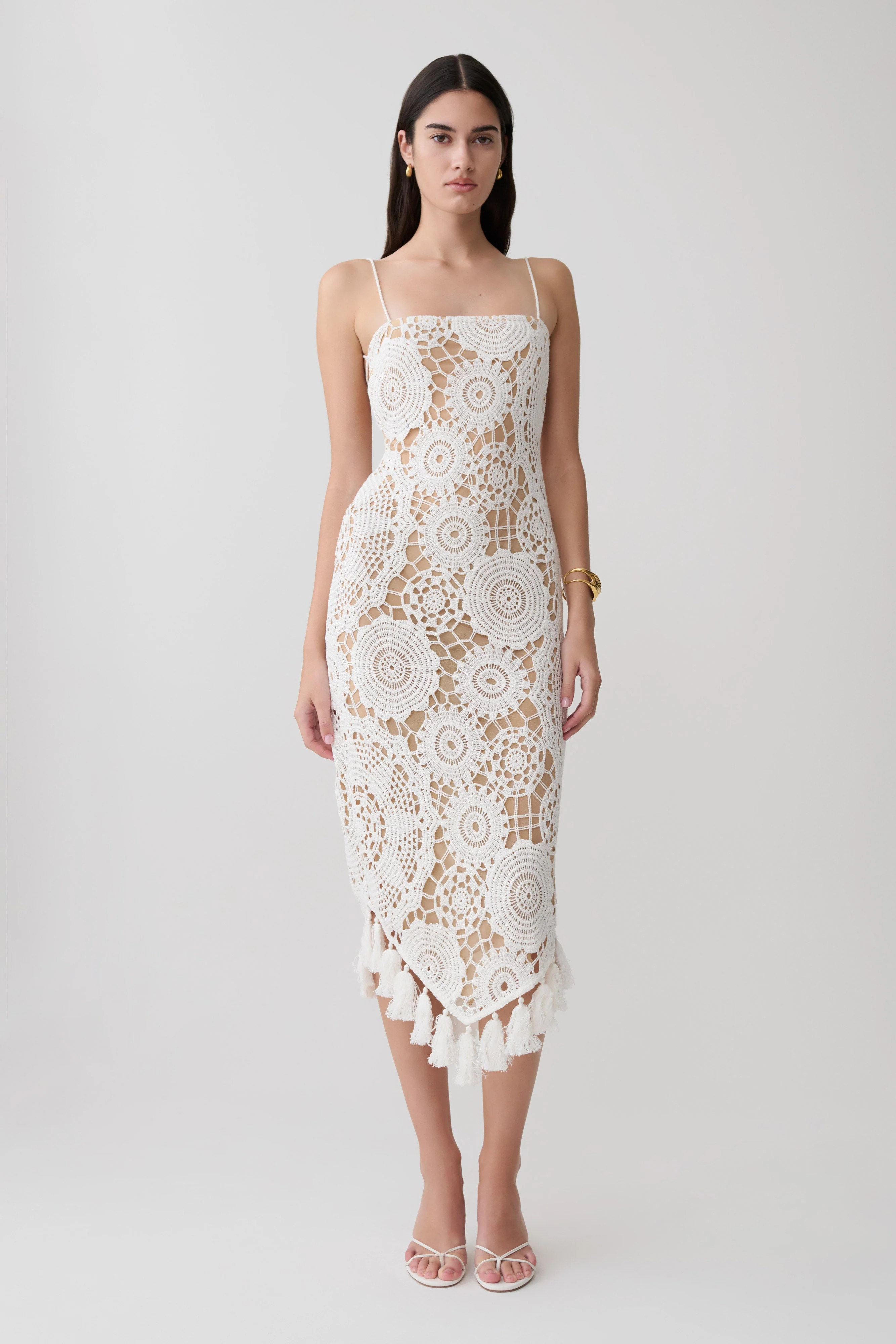 Delta Crochet Halter Midi Dress - White | MESHKI US