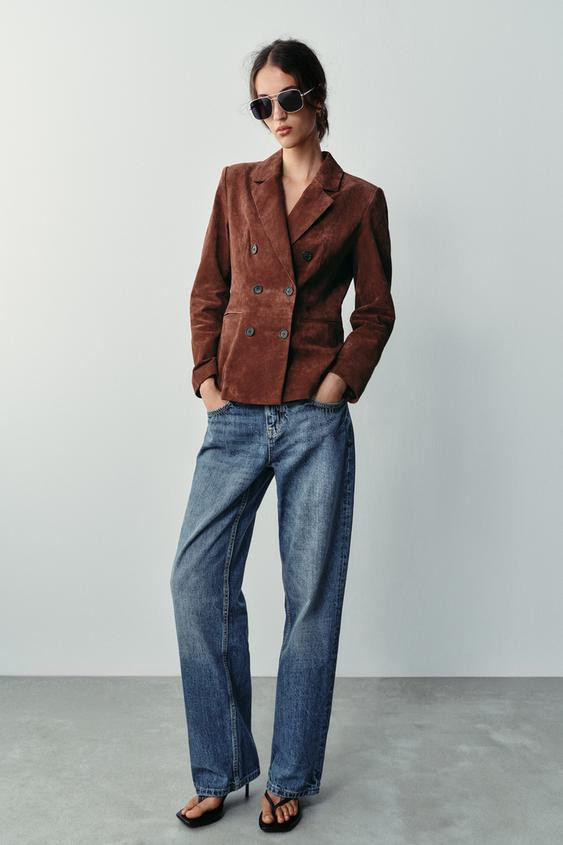 Zara - 100% Leather Fitted Blazer - Brick - L - Woman | Zara US
