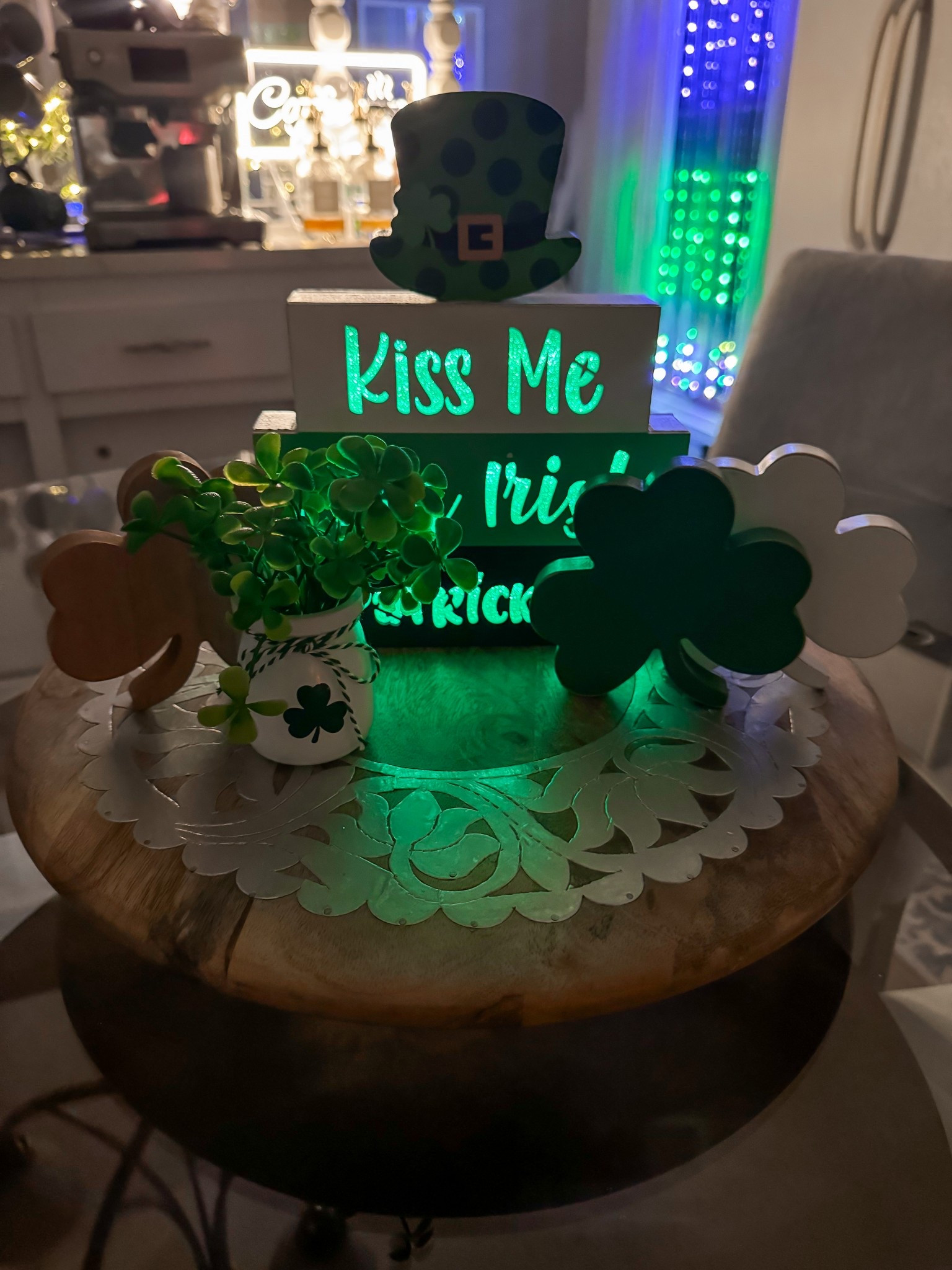 Up close on my cute kitchen centerpiece for St. Patrick’s Day! I love the lights and Shamrock details! • St Patrick’s Day decor 

#LTKHome #LTKSeasonal #LTKFindsUnder50