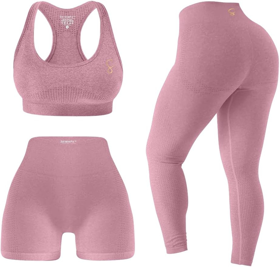 3 Piece Workout Sets For Women Seamless High Waisted Matching Exercise Leggings Shorts and Sports... | Amazon (US)