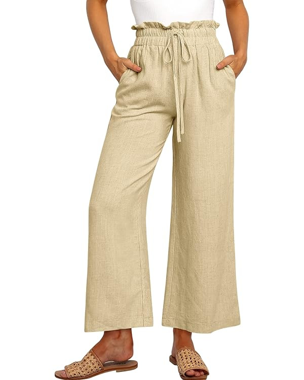 ANRABESS Women Linen Pants Casual Loose High Waist Boho Wide Leg Cropped Palazzo Beach Pants Summ... | Amazon (US)