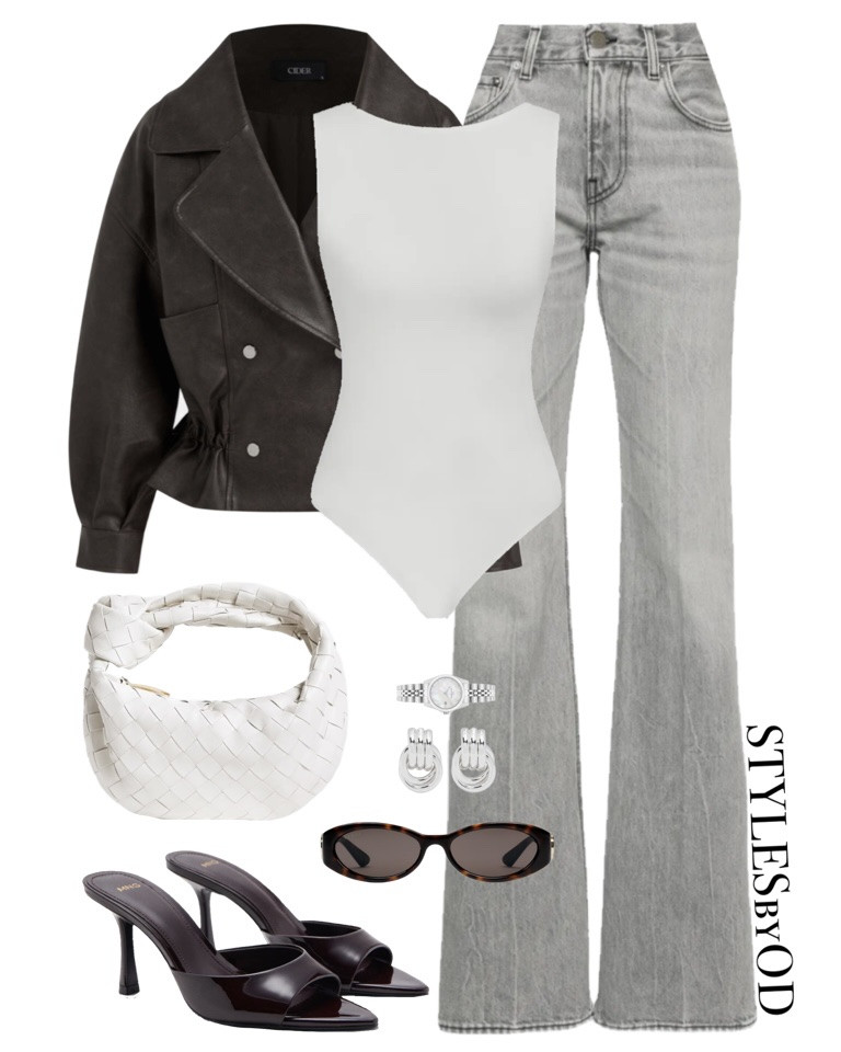 Edgy Cool Outfit: Leather Jacket & Grey Flare Denim😮‍💨

The perfect It-Girl look for a transitional autumn dinner with friends, or a casual night out. A cropped dark chocolate leather jacket layered over a sculpted white boatneck bodysuit meets high-waisted grey wash flare jeans, grounded by deep burgundy patent mules, a white woven-style shoulder bag, tortoise oval sunnies, and sleek silver jewelry accents🤌🏼

Effortless, modern, and quietly sophisticated—the perfect balance of sharp tailoring and relaxed street style🤎

#LTKstyletip #LTKdenim #LTKshoecrush #LTKunder100 #TransitionalStyle #StreetStyleInspo #FallOutfits

#LTKFashionMonth #LTKautumn #LTKsale