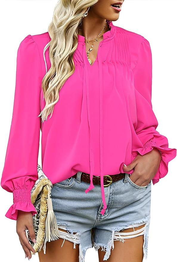 HOTOUCH Womens Long Sleeve Tops Boho Floral Printed Blouses Casual V Neck Pleated Drawstring Peas... | Amazon (US)