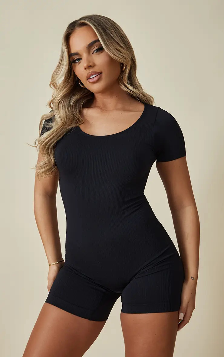 Black Structured Contour Rib Scoop Neck Short Sleeve Unitard | PrettyLittleThing USA | PrettyLittleThing US