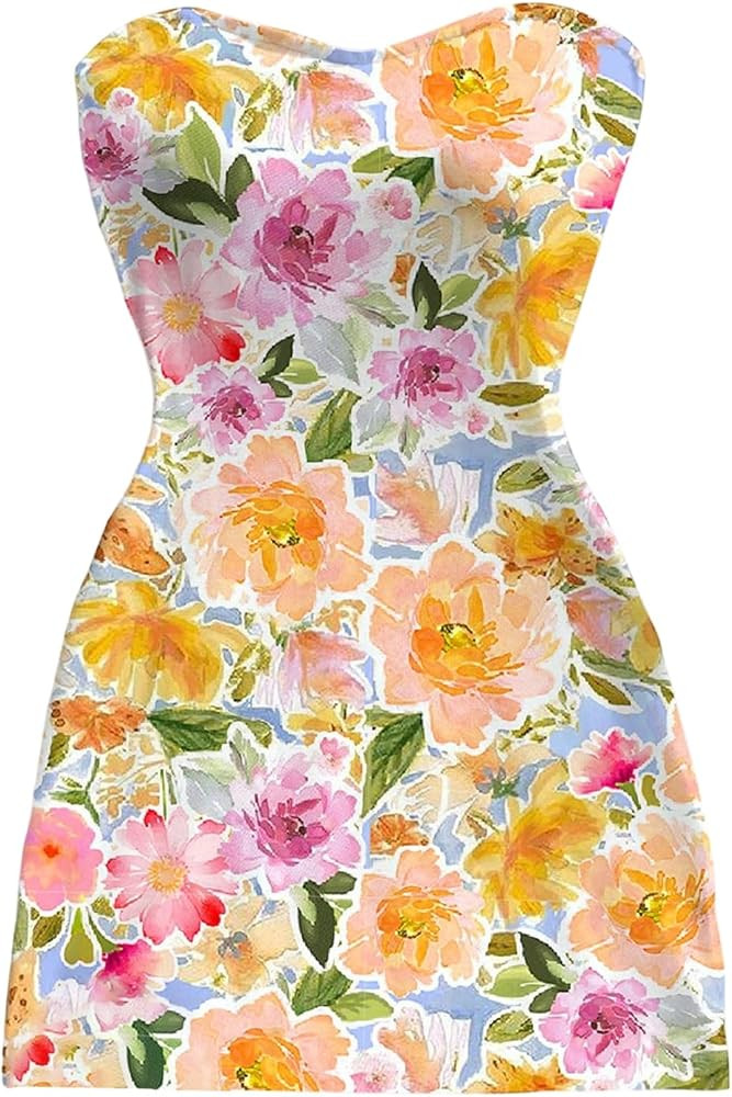 Floerns Women's Floral Strapless Mini Dress Tube Bodycon Summer Vacation Dresses | Amazon (US)