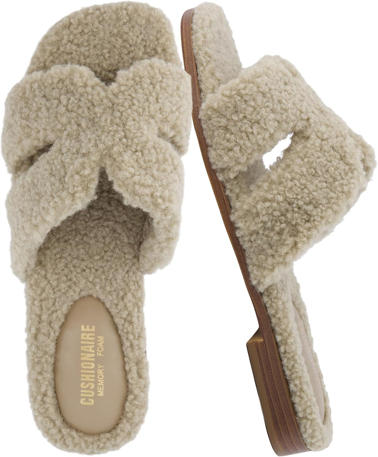 CUSHIONAIRE Visa Faux Shearling Open Toe Slippers for Women Indoor and Outdoor with Memory Foam Comfort – Slip-On Fuzzy Womens Slippers | Amazon (US)
