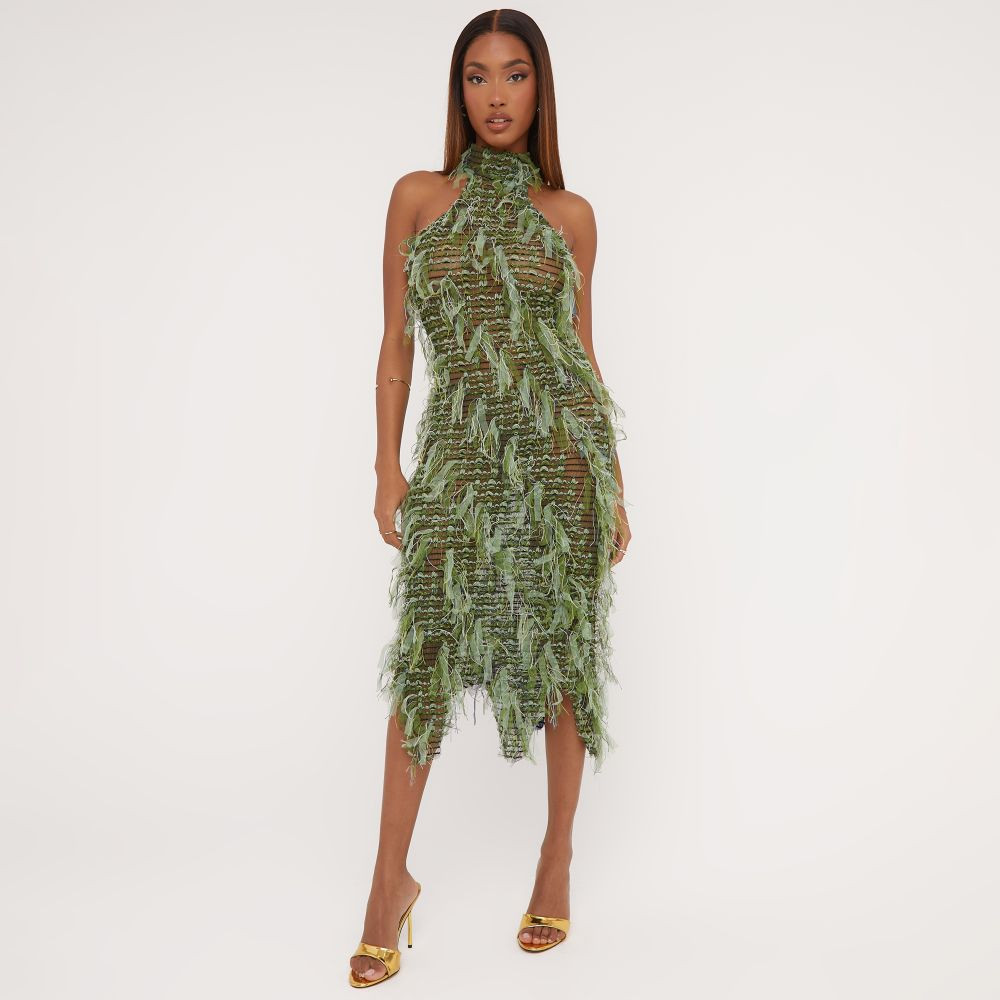 Halterneck Open Back Detail Textured Midaxi Dress In Green Woven | EGO Shoes (US & Canada)
