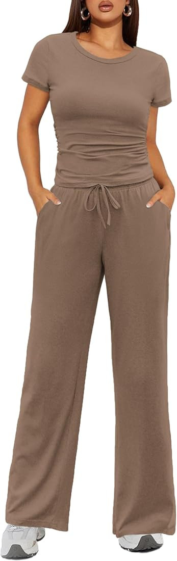 Ekouaer Women's 2 Piece Lounge Sets Ruched Short Sleeve Pajama Set High Waisted Wide Leg Pants Lo... | Amazon (US)