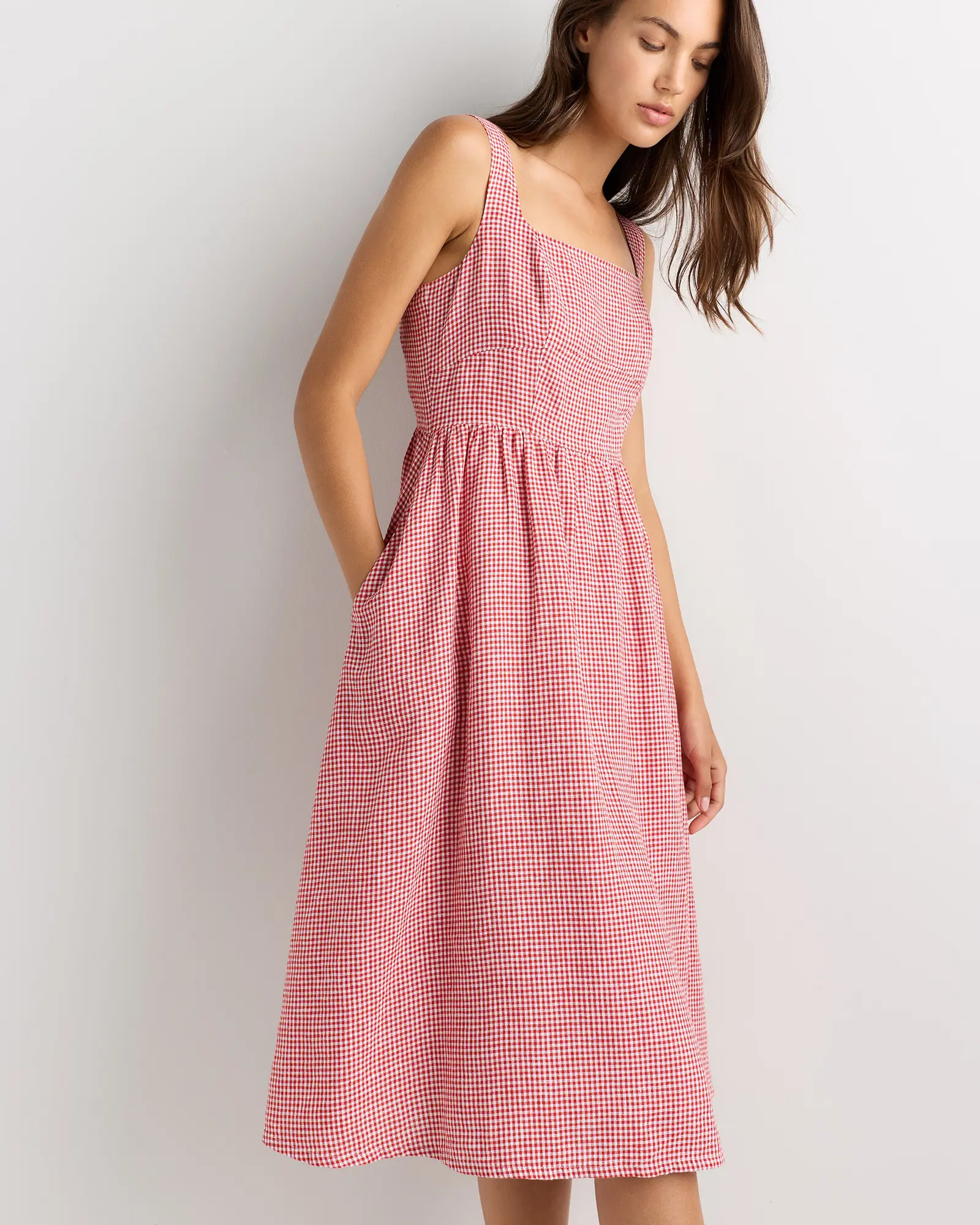 100% European Linen Fit & Flare Midi Dress in Red Classic Mini Gingham | Quince