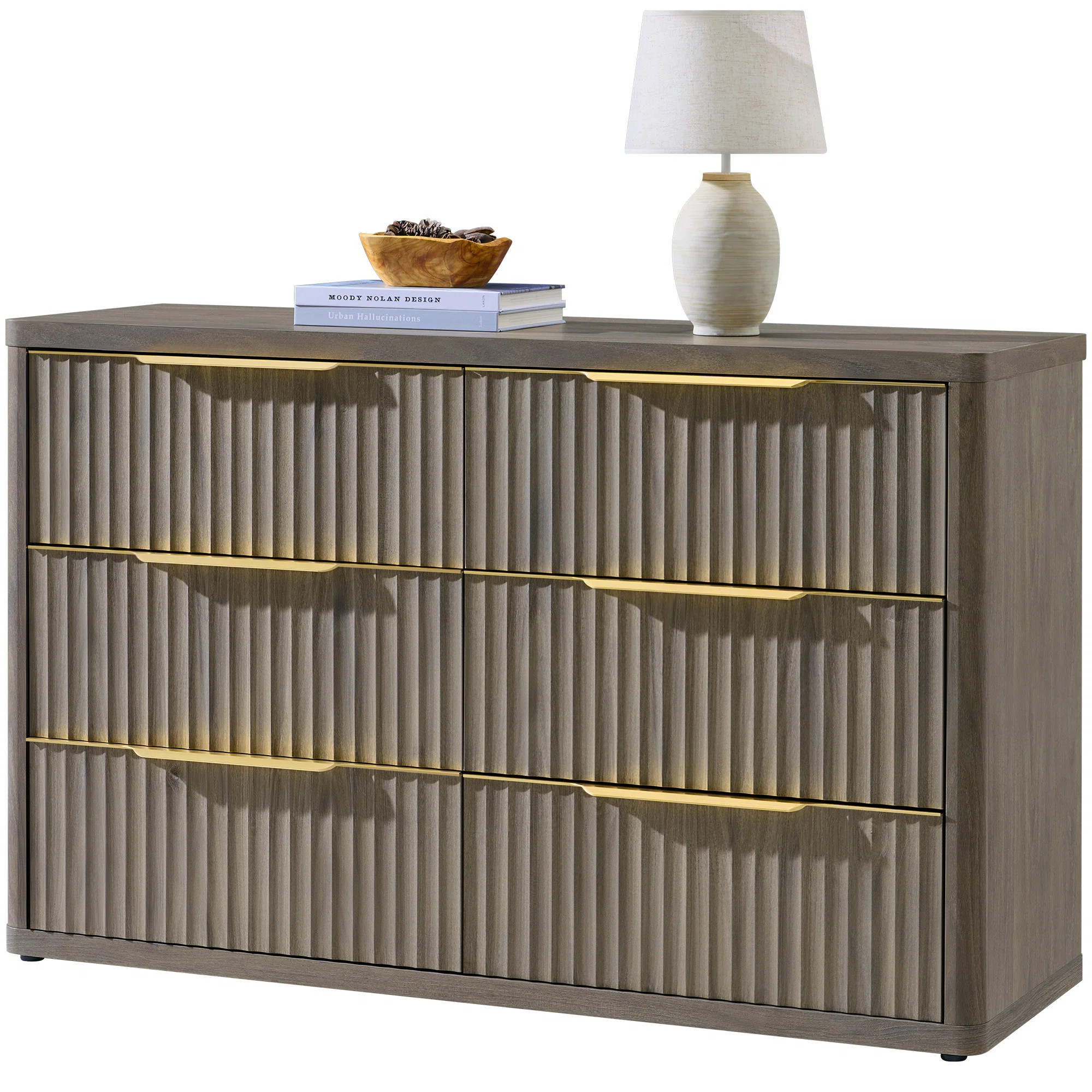 Cesiro 53.5"W Fluted Panel 6-Drawer Dresser With Gold Handles | Wayfair North America