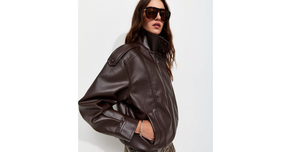 Women's Dark Brown Faux Leather Funnel Neck Oversized Jacket New Look | New Look (UK)