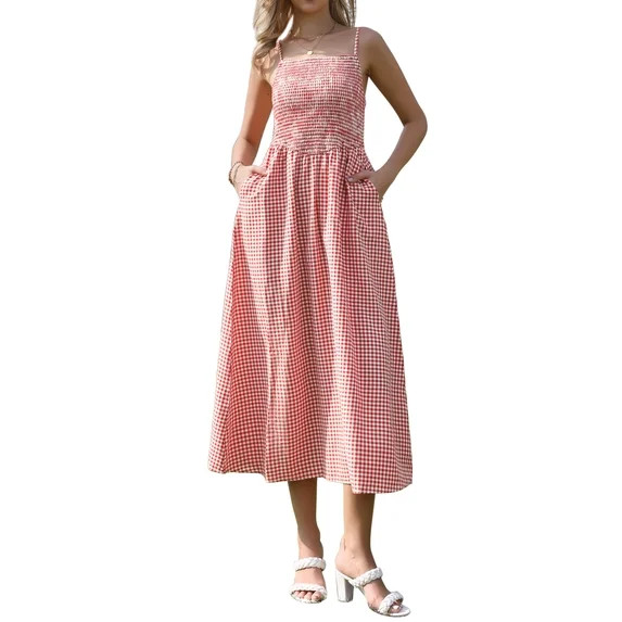INSPIRE CHIC Women's Gingham Maxi Dress Summer Spaghetti Strap A-Line Flowy Plaid Smocked Sundres... | Walmart (US)