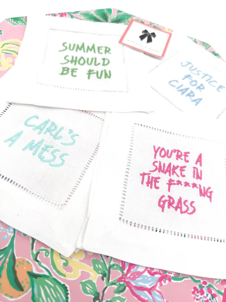 Embroidered Linen Cocktail Napkins | Bravo TV Quotes, Summer Fun, Carl's A Mess | Etsy (Global)