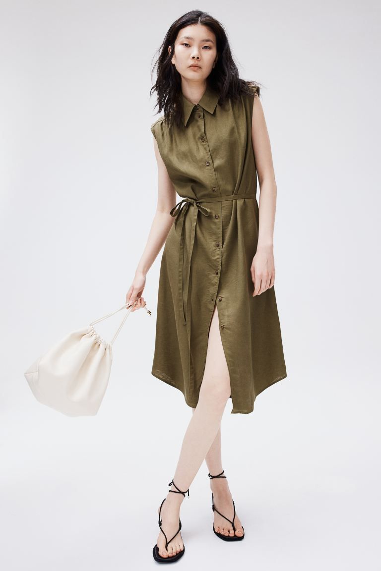 Linen-blend Shirt Dress - Dark khaki green - Ladies | H&M US | H&M (US + CA)