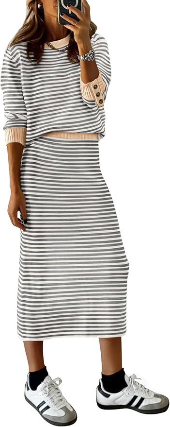 PRETTYGARDEN 2 Piece Skirts Sets for Women Fall Fashion 2026 Striped Sweater Dress Knit Lounge Tr... | Amazon (US)