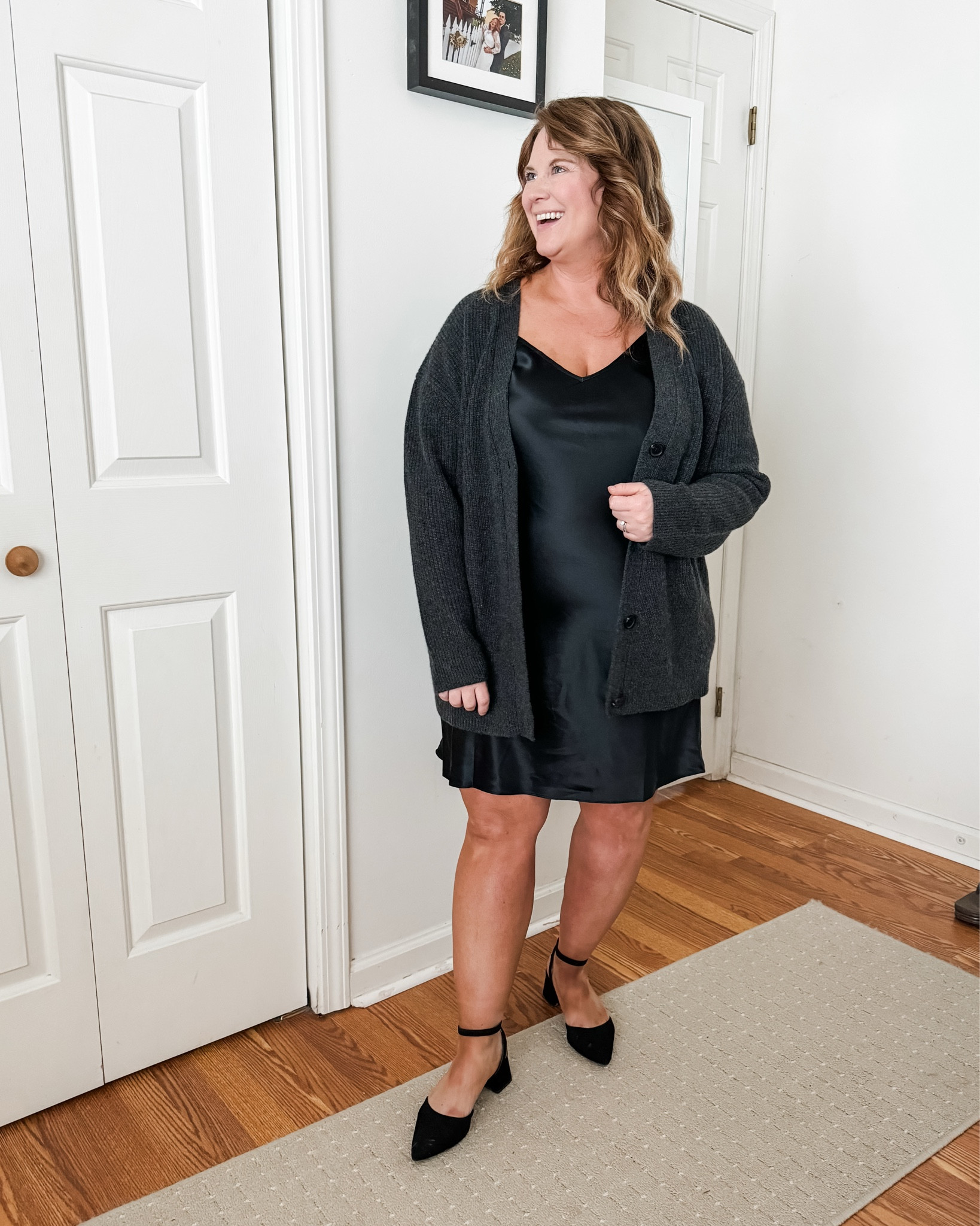 Holiday outfit from Quince! 

Satin dress is an XL
Cashmere cardigan is a large
Cost is an Xl - it is a little tight on my belly so it’s not one I’ll wear with really thick layers 

#LTKMidsize #LTKSeasonal #LTKHoliday